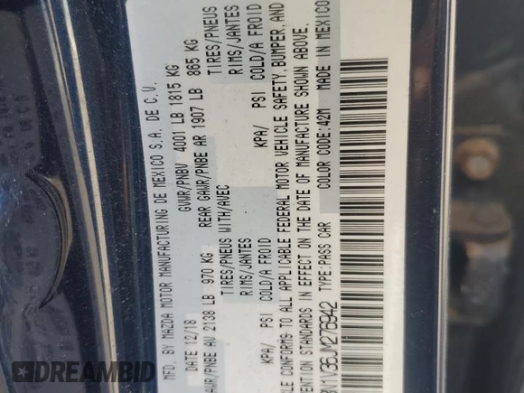 2018 Mazda 3 Touring with VIN 3MZBN1V36JM276942, listed as a Copart auction lot 53270775 with 65,822 mi miles and Salvage Title. Bid and sale history available at DreamBid. Image 12.