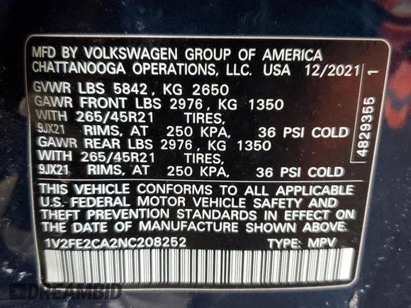 2022 Volkswagen Atlas SEL Premium R-Line with VIN 1V2FE2CA2NC208252, listed as a Copart auction lot 44740735 with Not provided miles and Salvage title. Bid and sale history available at DreamBid. Image 13.