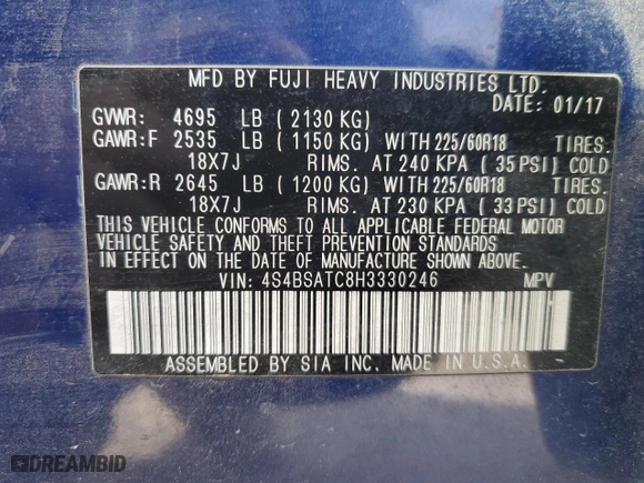 2017 Subaru Outback Touring with VIN 4S4BSATC8H3330246, listed as a Copart auction lot 84306654 with 104,049 mi miles and Salvage Title. Bid and sale history available at carsss.com. Image 13.