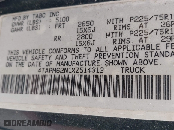 1999 Toyota Tacoma with VIN 4TAPM62N1XZ514312, listed as a IAAI auction lot 42168096 with Not Provided miles and . Bid and sale history available at DreamBid. Image 9.