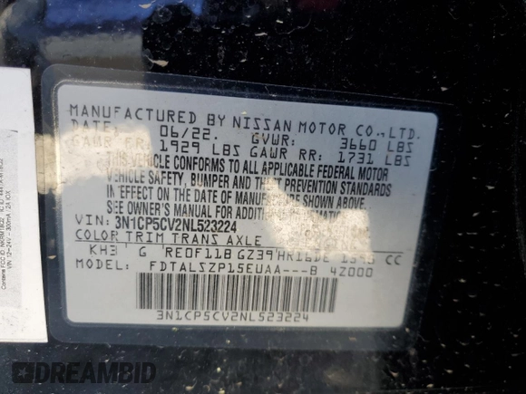 2022 Nissan Kicks SV with VIN 3N1CP5CV2NL523224, listed as a Copart auction lot 50179845 with 78,463 mi miles and Salvage Title. Bid and sale history available at DreamBid. Image 12.