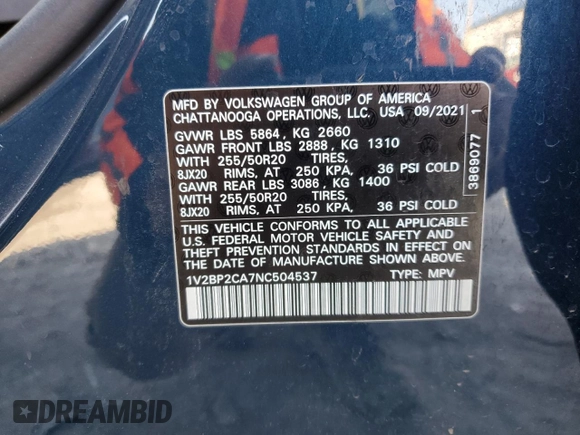 2022 Volkswagen Atlas SEL with VIN 1V2BP2CA7NC504537, listed as a Copart auction lot 52094685 with 63,114 mi miles and Salvage title. Bid and sale history available at DreamBid. Image 13.