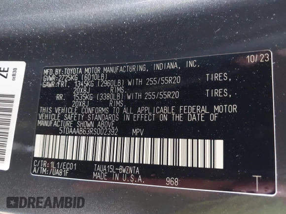 2024 Lexus TX 350 with VIN 5TDAAAB63RS002392, listed as a IAAI auction lot 42384641 with 62,857 mi miles and . Bid and sale history available at DreamBid. Image 9.