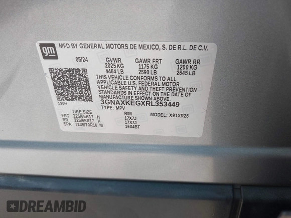 2024 Chevrolet Equinox LT with VIN 3GNAXKEGXRL353449, listed as a IAAI auction lot 42151836 with 26,903 mi miles and . Bid and sale history available at DreamBid. Image 9.