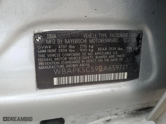 2011 BMW 3 Series 328i xDrive with VIN WBAPK5C59BA659721, listed as a Copart auction lot 48927245 with 141,278 mi miles and Salvage Title. Bid and sale history available at carsss.com. Image 12.