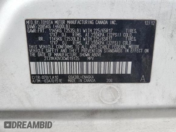 2012 Toyota RAV4 Limited with VIN 2T3YK4DV3CW019135, listed as a Copart auction lot 51903975 with 207,847 mi miles and Salvage title. Bid and sale history available at DreamBid. Image 13.