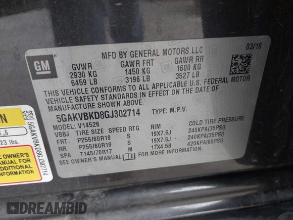 2016 Buick Enclave Leather with VIN 5GAKVBKD8GJ302714, listed as a IAAI auction lot 41823844 with 115,430 mi miles and . Bid and sale history available at DreamBid. Image 9.