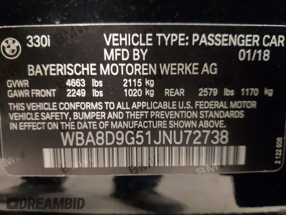 2018 BMW 3 Series 330i xDrive with VIN WBA8D9G51JNU72738, listed as a IAAI auction lot 41978561 with 71,219 mi miles. Bid and sale history available at carsss.com. Image 9.