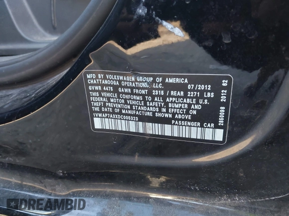 2013 Volkswagen Passat S with VIN 1VWAP7A3XDC005323, listed as a IAAI auction lot 40948885 with 133,447 mi miles and . Bid and sale history available at DreamBid. Image 9.