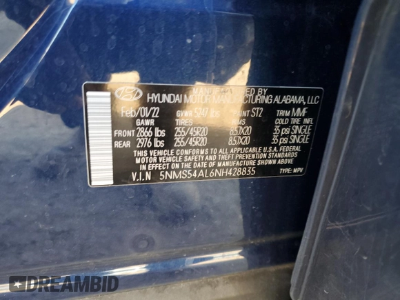 2022 Hyundai Santa Fe Calligraphy with VIN 5NMS54AL6NH428835, listed as a Copart auction lot 86538484 with 34,154 mi miles and Salvage Title. Bid and sale history available at carsss.com. Image 15.