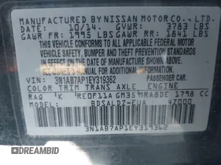 2014 Nissan Sentra S with VIN 3N1AB7AP1EY319362, listed as a IAAI auction lot 41717144 with 217,359 mi miles and . Bid and sale history available at DreamBid. Image 9.