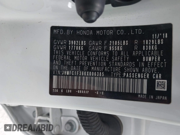 2019 Honda Civic Sedan EX with VIN JHMFC1F36KX006385, listed as a IAAI auction lot 41758211 with 89,666 mi miles. Bid and sale history available at carsss.com. Image 9.