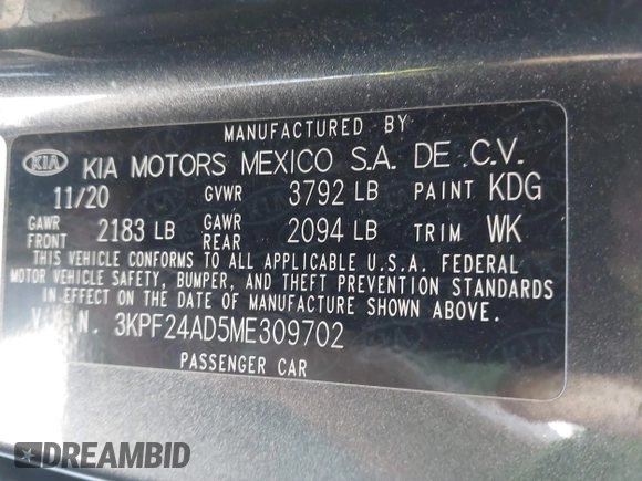 2021 Kia Forte LXS with VIN 3KPF24AD5ME309702, listed as a IAAI auction lot 41992202 with 69,531 mi miles and . Bid and sale history available at DreamBid. Image 9.