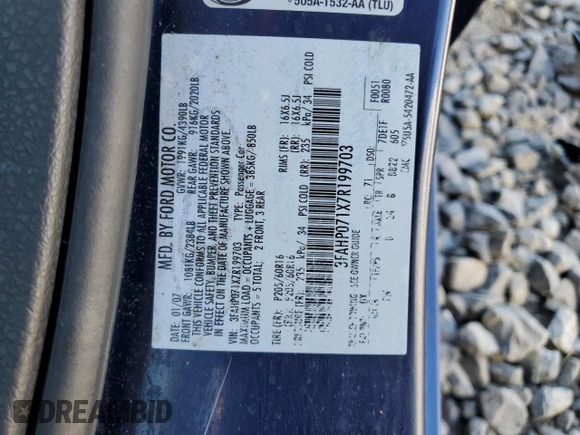 2007 Ford Fusion SE with VIN 3FAHP071X7R199703, listed as a Copart auction lot 50163875 with 102,052 mi miles and Salvage Title. Bid and sale history available at DreamBid. Image 13.