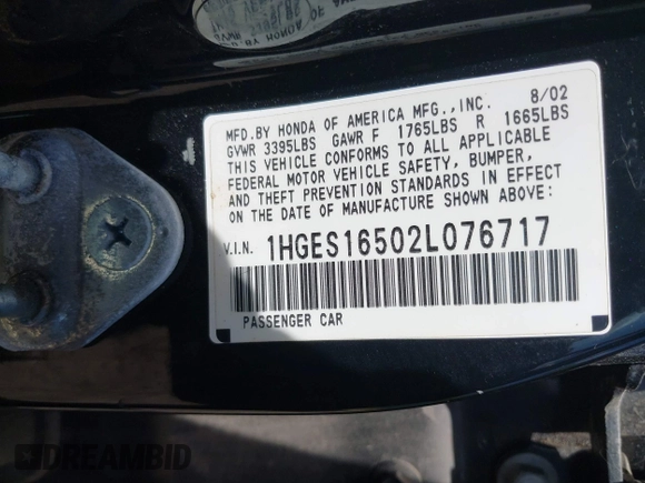 2002 Honda Civic LX with VIN 1HGES16502L076717, listed as a IAAI auction lot 42164991 with 161,690 mi miles and . Bid and sale history available at DreamBid. Image 9.