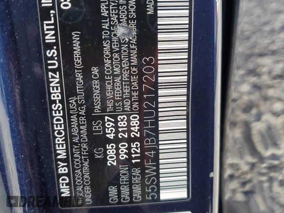 2017 Mercedes-Benz C with VIN 55SWF4JB7HU217203, listed as a Copart auction lot 46826495 with 98,133 mi miles and Salvage Title. Bid and sale history available at carsss.com. Image 12.