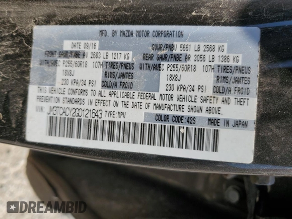 2016 Mazda CX-9 Touring with VIN JM3TCACY2G0121643, listed as a Copart auction lot 53341555 with 143,650 mi miles and Salvage title. Bid and sale history available at DreamBid. Image 15.