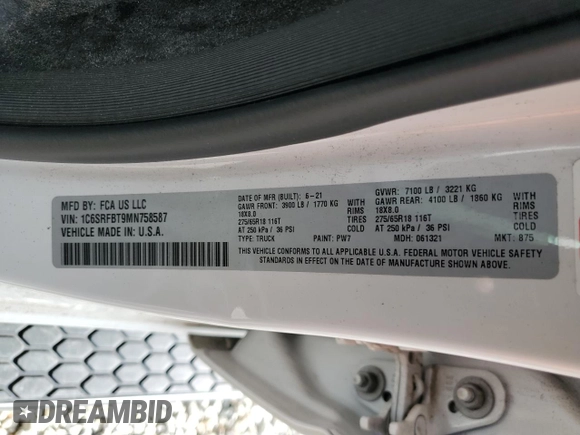 2021 Ram 1500 Big Horn z VIN 1C6SRFBT9MN758587, wystawiony jako Copart lot #56278755 z przebiegiem 56 963 mil mil oraz Szkoda całkowita • Salvage title. Historia ofert i sprzedaży dostępna na DreamBid. Obrazek 12.