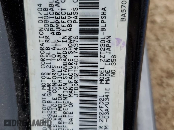 2004 Toyota Celica GT with VIN JTDDR32T540174376, listed as a Copart auction lot 54751115 with 85,335 mi miles and Salvage Title. Bid and sale history available at DreamBid. Image 12.