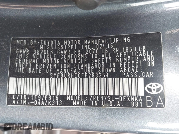 2015 Toyota Corolla L with VIN 5YFBURHE0FP283354, listed as a IAAI auction lot 41530183 with 165,228 mi miles and . Bid and sale history available at DreamBid. Image 9.