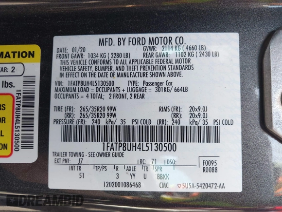 2020 Ford Mustang EcoBoost with VIN 1FATP8UH4L5130500, listed as a IAAI auction lot 41841789 with 1 mi miles. Bid and sale history available at carsss.com. Image 9.