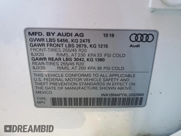 2020 Audi Q5 Premium Plus with VIN WA1BNAFYXL2032650, listed as a Copart auction lot 50775665 with 44,100 mi miles and Salvage title. Bid and sale history available at DreamBid. Image 13.