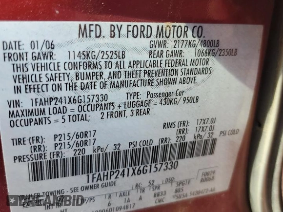 2006 Ford Five Hundred SEL with VIN 1FAHP241X6G157330, listed as a Copart auction lot 78187144 with 0 mi miles and Non Repairable. Bid and sale history available at carsss.com. Image 13.