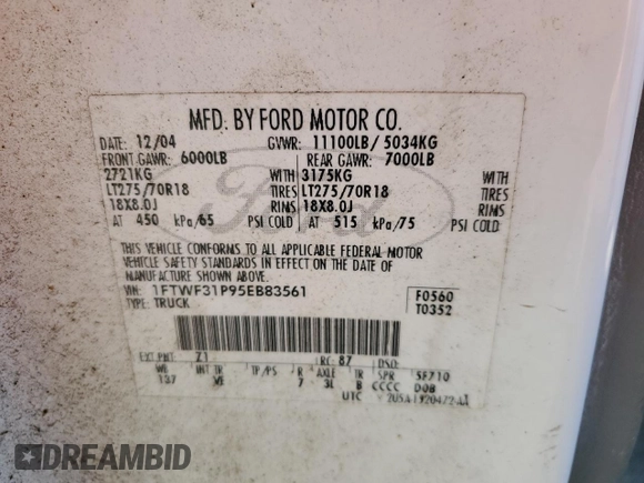 2005 Ford F-350 XL with VIN 1FTWF31P95EB83561, listed as a Copart auction lot 61926994 with 195,588 mi miles and Clean title. Bid and sale history available at DreamBid. Image 12.