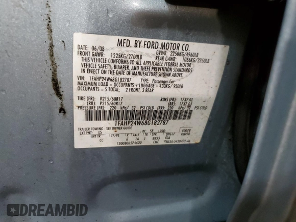 2008 Ford Taurus SEL with VIN 1FAHP24W68G182787, listed as a Copart auction lot 81519654 with 80,629 mi miles and Salvage Title. Bid and sale history available at carsss.com. Image 12.
