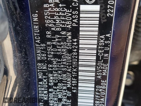 2017 Toyota Camry XLE z VIN 4T1BF1FK1HU284244, wystawiony jako Copart lot #51161125 z przebiegiem 130 312 mil mil oraz Nie do naprawy • Non repairable. Historia ofert i sprzedaży dostępna na DreamBid. Obrazek 12.