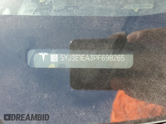 2023 Tesla Model 3 with VIN 5YJ3E1EA3PF698265, listed as a Copart auction lot 53067455 with 12,192 mi miles and Salvage title. Bid and sale history available at DreamBid. Image 13.