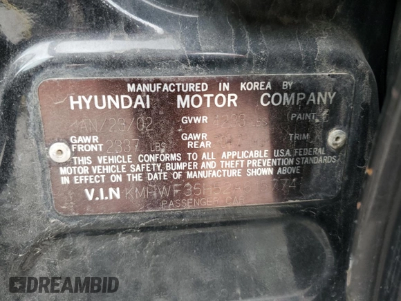 2002 Hyundai Sonata GLS with VIN KMHWF35H52A615774, listed as a Copart auction lot 72336474 with 156,588 mi miles and Salvage Title. Bid and sale history available at carsss.com. Image 12.