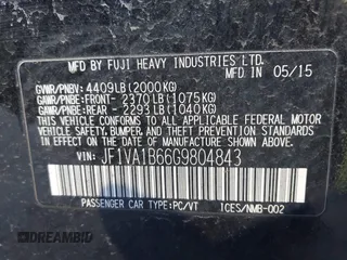 2016 Subaru WRX with VIN JF1VA1B66G9804843, listed as a IAAI auction lot 41511751 with 112,913 mi miles and . Bid and sale history available at carsss.com. Image 9.