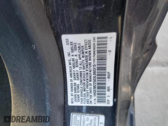 2003 Honda Civic LX with VIN 1HGEM22503L060315, listed as a Copart auction lot 89404785 with Not Provided miles and Clean Title. Bid and sale history available at DreamBid. Image 12.