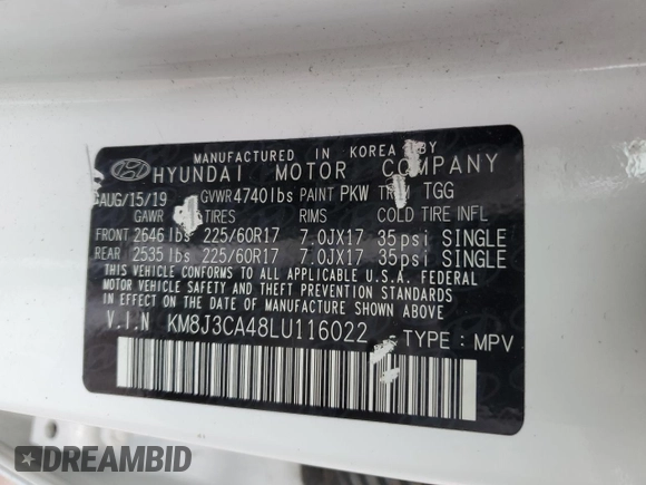 2020 Hyundai Tucson Value с VIN KM8J3CA48LU116022, выставлен на аукционе Copart как лот 59054915 с пробегом 56 298 миль миль и Списание • Salvage title. История ставок и продаж доступна на DreamBid. Изображение 13.