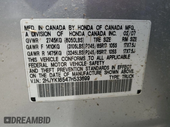 2007 Honda Ridgeline RTL with VIN 2HJYK16547H533699, listed as a Copart auction lot 61100115 with 241,366 mi miles and Salvage title. Bid and sale history available at DreamBid. Image 14.
