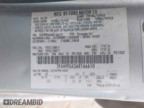 2010 Ford Fusion SEL with VIN 3FAHP0JA3AR166610, listed as a IAAI auction lot 41583485 with 228,011 mi miles. Bid and sale history available at carsss.com. Image 9.