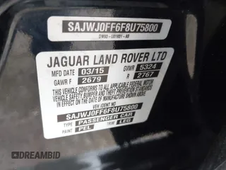2015 Jaguar XF V6 Portfolio with VIN SAJWJ0FF6F8U75800, listed as a IAAI auction lot 42044449 with 1 mi miles. Bid and sale history available at carsss.com. Image 9.
