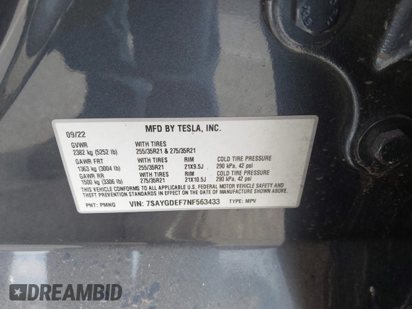 2022 Tesla Model Y Performance with VIN 7SAYGDEF7NF563433, listed as a IAAI auction lot 41713557 with Not Provided miles and . Bid and sale history available at DreamBid. Image 9.