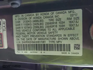 2017 Honda CR-V Touring with VIN 2HKRW2H94HH617081, listed as a IAAI auction lot 41294254 with 145,140 mi miles. Bid and sale history available at carsss.com. Image 9.