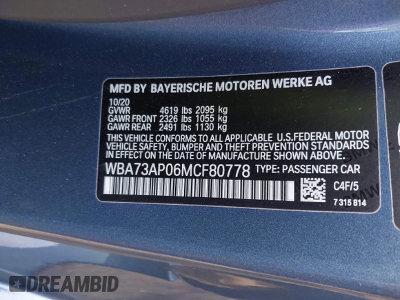 2021 BMW 4 Series 430i xDrive z VIN WBA73AP06MCF80778, wystawiony jako IAAI lot #41137135 z przebiegiem 37 651 mil mil oraz . Historia ofert i sprzedaży dostępna na DreamBid. Obrazek 9.
