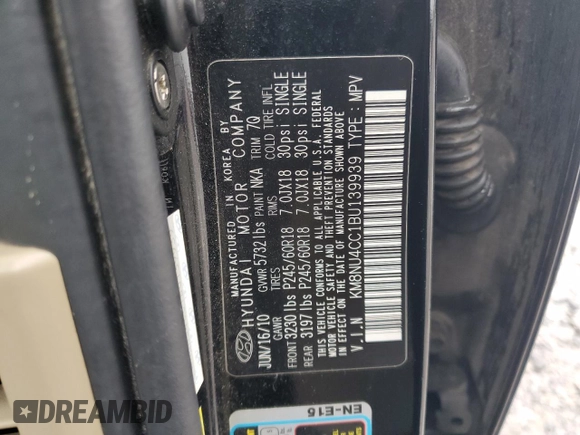 2011 Hyundai Veracruz Limited with VIN KM8NU4CC1BU139939, listed as a Copart auction lot 56318345 with 194,949 mi miles and Salvage title. Bid and sale history available at DreamBid. Image 14.