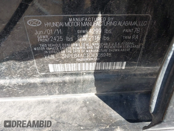 2012 Hyundai Sonata GLS with VIN 5NPEB4AC3CH308948, listed as a IAAI auction lot 41981220 with 147,114 mi miles and . Bid and sale history available at DreamBid. Image 9.