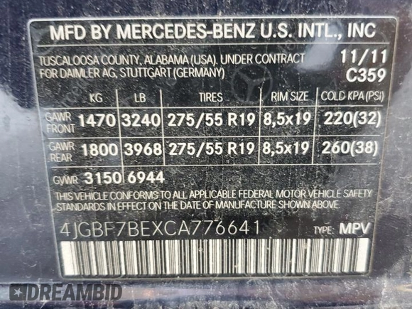2012 Mercedes-Benz GL 450 with VIN 4JGBF7BEXCA776641, listed as a Copart auction lot 65807524 with 194,735 mi miles and Salvage Title. Bid and sale history available at DreamBid. Image 13.
