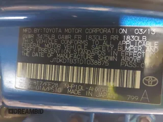 2013 Toyota Prius One with VIN JTDKDTB31D1038875, listed as a IAAI auction lot 41467424 with 275,000 mi miles and . Bid and sale history available at DreamBid. Image 9.