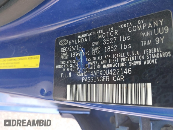 2013 Hyundai Accent GLS with VIN KMHCT4AEXDU422146, listed as a IAAI auction lot 42458301 with 177,335 mi miles and . Bid and sale history available at DreamBid. Image 9.