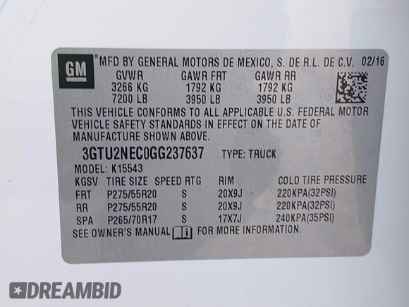 2016 GMC Sierra 1500 SLT with VIN 3GTU2NEC0GG237637, listed as a IAAI auction lot 41820179 with 179,111 mi miles and . Bid and sale history available at DreamBid. Image 9.