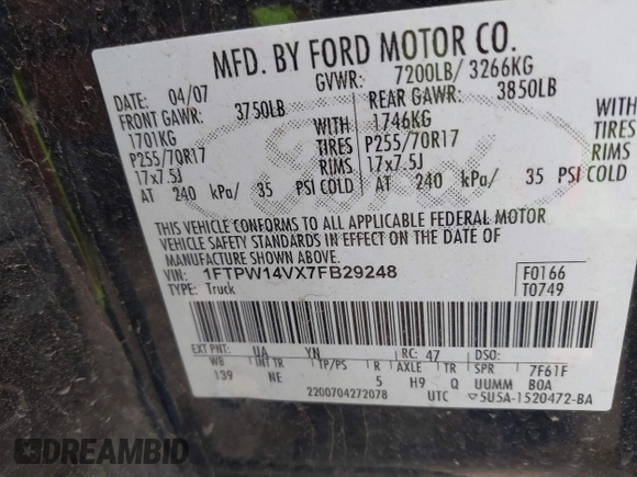 2007 Ford F-150 XLT with VIN 1FTPW14VX7FB29248, listed as a IAAI auction lot 41961083 with 178,154 mi miles and . Bid and sale history available at DreamBid. Image 9.