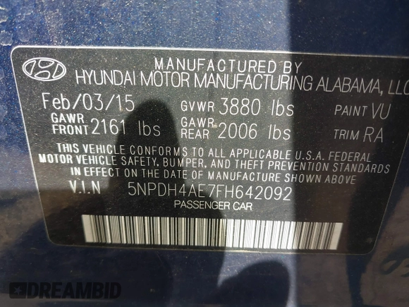 2015 Hyundai Elantra SE z VIN 5NPDH4AE7FH642092, wystawiony jako IAAI lot #42146729 z przebiegiem 119 279 mil mil oraz . Historia ofert i sprzedaży dostępna na DreamBid. Obrazek 9.