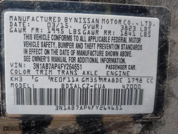 2015 Nissan Sentra S with VIN 3N1AB7AP4FY264651, listed as a IAAI auction lot 41894026 with 302,815 mi miles. Bid and sale history available at carsss.com. Image 9.